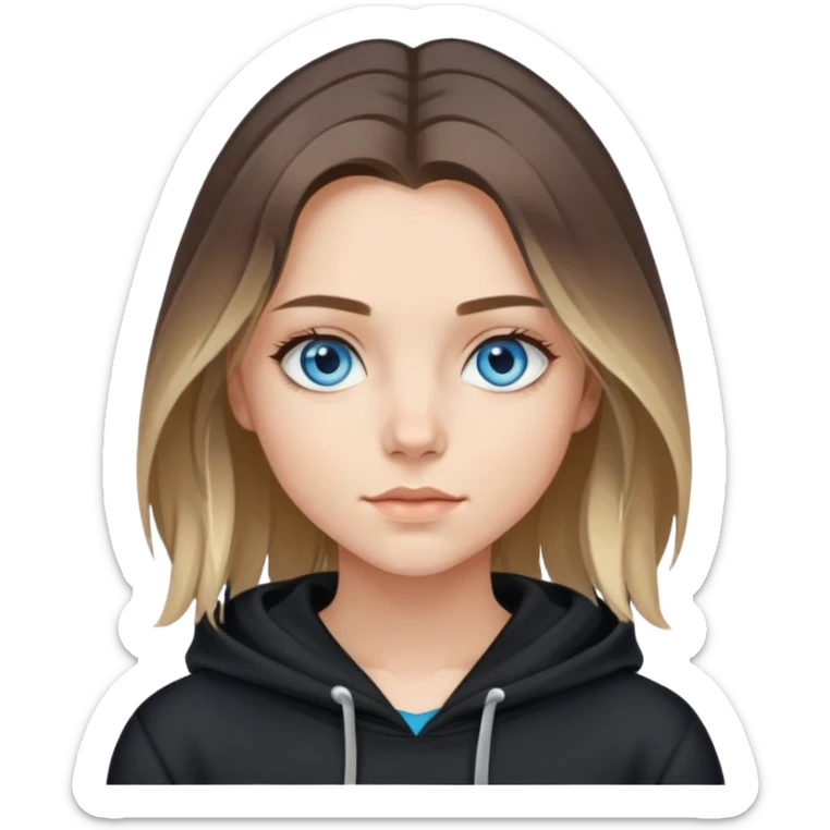 girl with blue eyes, shoulder-length hair with balayage highlights, wearing a black hoodie sticker