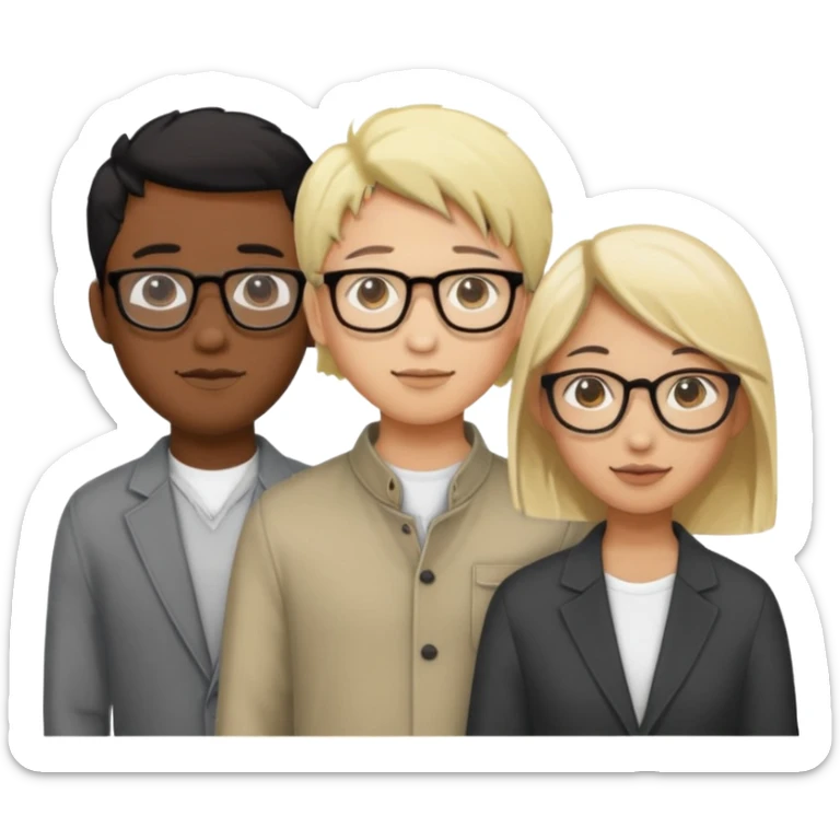 four people. Asian girl, black guy with glasses and dyed blonde hair, indian guy with glasses, asian guy sticker