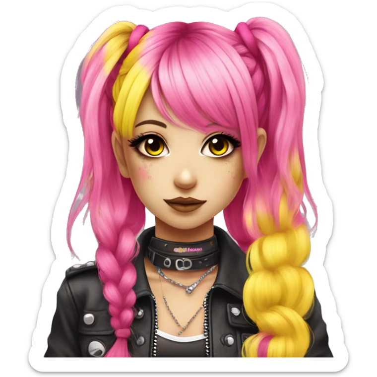 hime gyaru girl, hot pink and yellow split-dyed hair, dark makeup, punk clothes sticker