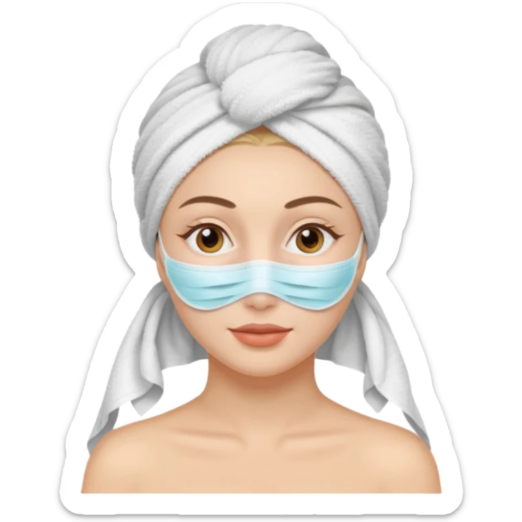 Woman wearing a skincare mask with a towel in her head  sticker