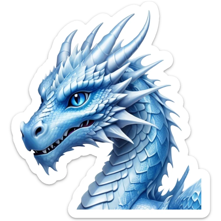 Cinematic Noble Beautiful Ice Dragon Portrait Emoji, Poised and majestic, with an ethereal, crystalline body adorned in intricately detailed scales of frosty blues and silvery whites reminiscent of glacial ice and delicate snowflakes, and piercing, cool eyes reflecting winter’s clarity; rendered with lifelike texture and subtle natural highlights, high shine, elegant and formidable, styled with an aura of chilling mythic beauty, focused and serene, soft glowing outline, capturing the essence of a legendary ice sovereign ready to glide gracefully out of the screen with timeless frosty allure! sticker