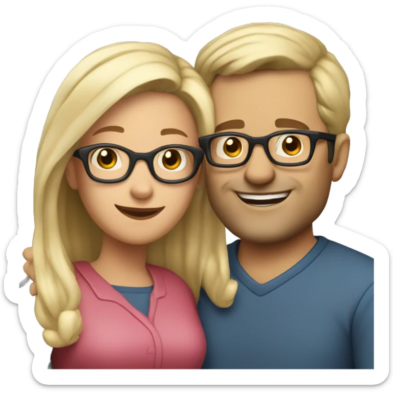 40 year old man with blond hair and glasses hugs a 40 year old woman with dark brown half long hair sticker