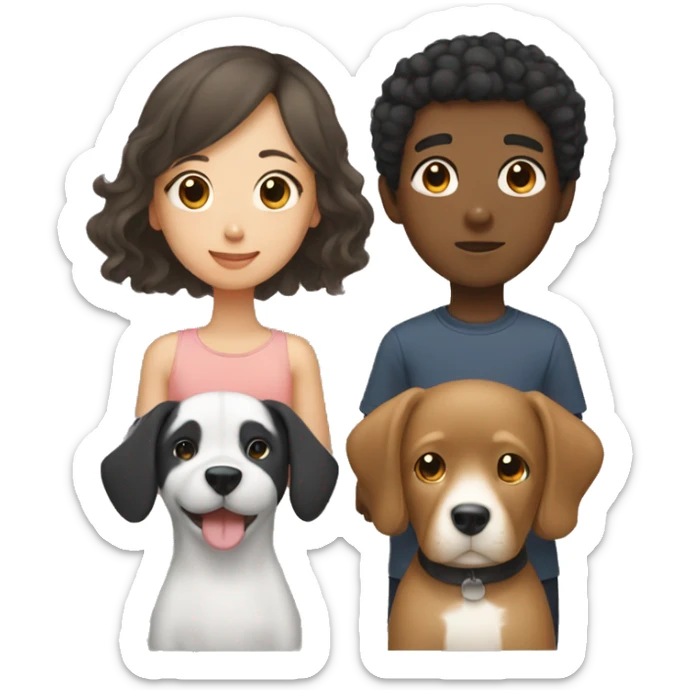 Asian girl, which has straight hair, and black boy, which had curly hair, with a dog sticker