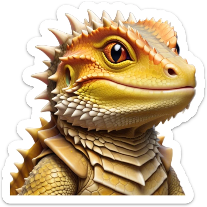 Cinematic Noble Bearded Dragon Portrait Emoji, Poised and regal, with a robust, angular build and a textured, scaled hide in earthy olive and sandy tones, a prominent spiky 'beard' beneath its chin and a keen, alert gaze, Simplified yet sharp and sophisticated features, highly detailed, glowing with a soft, dignified glow, high shine, intelligent and fierce, stylized with an air of desert majesty, focused and attentive, soft glowing outline, capturing the essence of a watchful and commanding reptile, so majestic it feels as though it could scuttle out of the screen with effortless authority! sticker