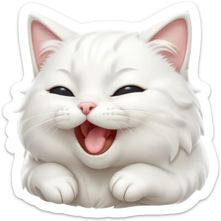 Cinematic Cute Yawning White Cat Portrait Emoji, Head gently tilted with an endearing, wide-open yawn and softly closed eyes, showcasing a pristine white fur with delicate hints of silver, simplified yet irresistibly adorable, highly detailed, glowing with a tender, cozy radiance, high shine, exuding sleepy charm and gentle affection, styled with a soft glowing outline, capturing the essence of a white cat caught mid-yawn, radiating pure, adorable lethargy! sticker