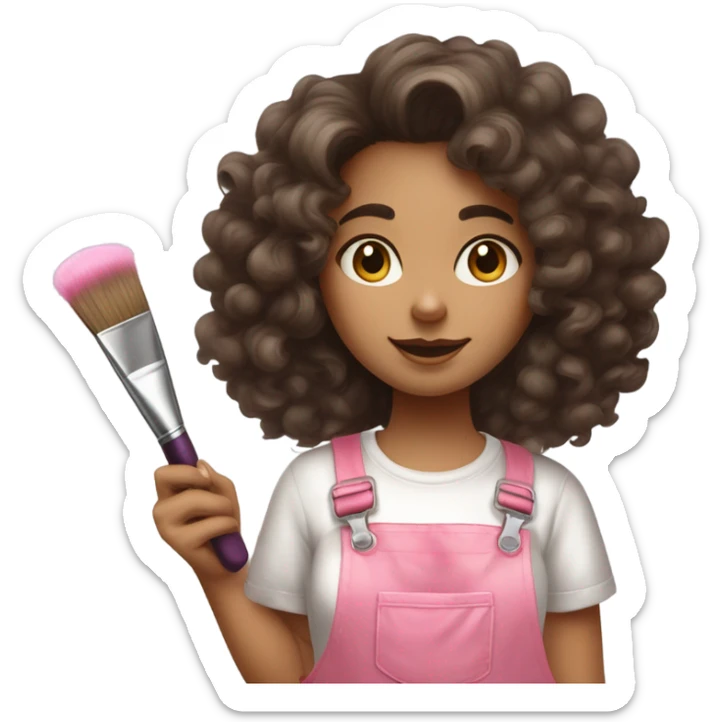 Curly-haired brunette girl painter in artist's costume and paint stains on her pink overalls with a brush and a paint palette in her hand sticker