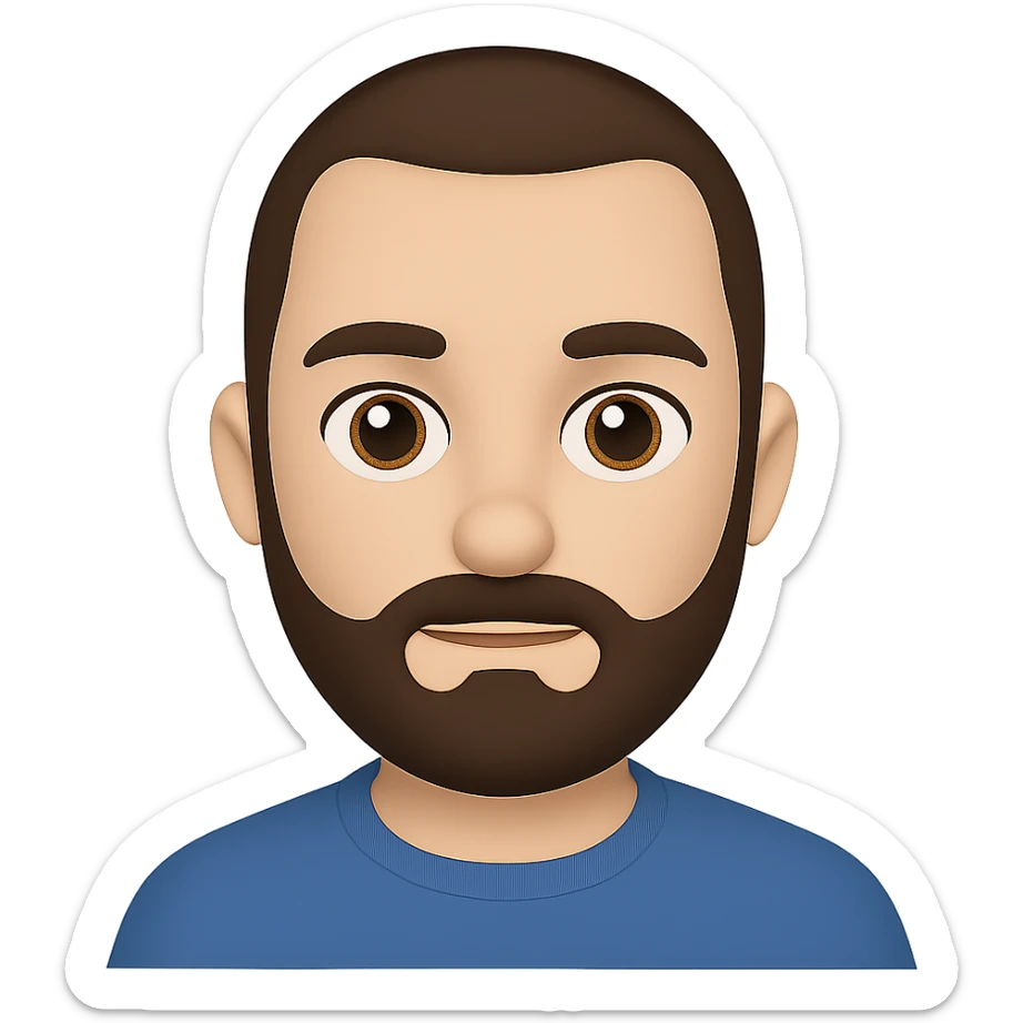 Edit the image to depict a man with less hair, shorter beard, brown hair and beard, in the style of Apple emojis with transparent background. The style is Apple emoji style. sticker