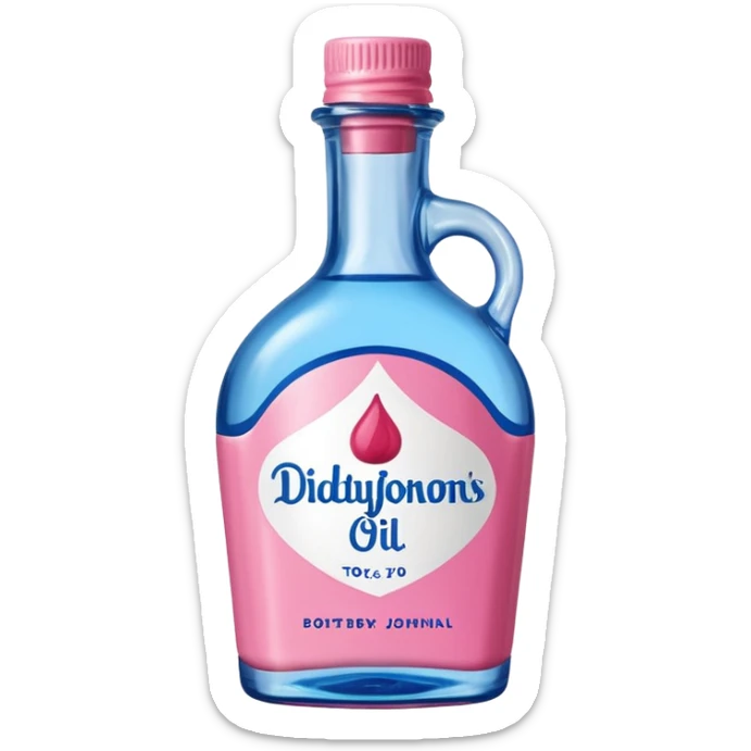 bottle of oil blue top pink outside with logo that says Diddys Oil Johnson and Johnson bottle with a berry on top sticker
