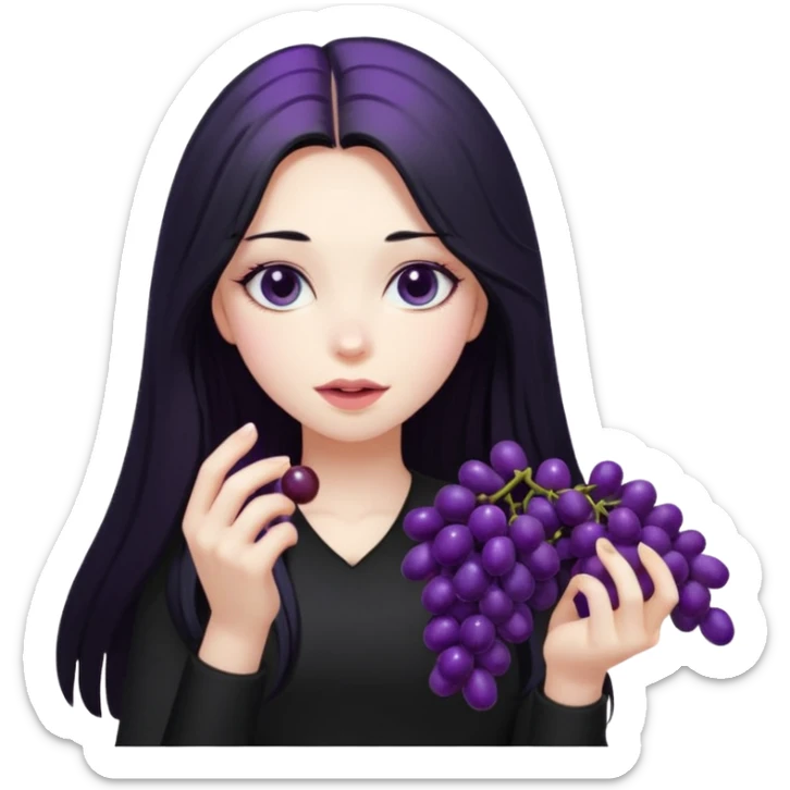girl with long black hair, black clother with eating disorder purple food sticker
