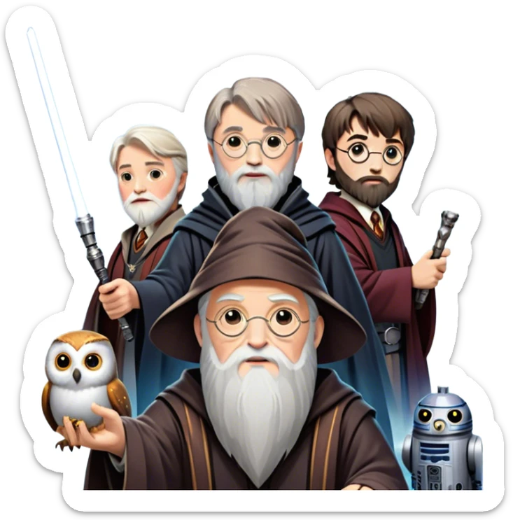 Icon for Fantasy and Sci-Fi Movies: Collage featuring Harry Potter with his wand, Dumbledore, Luke Skywalker with a lightsaber, and futuristic robots. Background with a magical planet, Hogwarts, flying owls, and spaceships. Epic and magical atmosphere. Transparent background. sticker