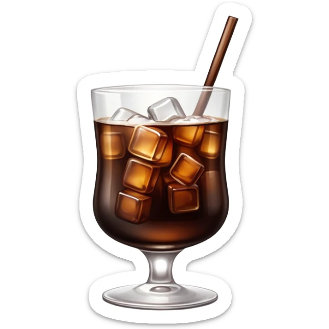Create a realistic emoji-style illustration of a glass of Fernet with Coca-Cola. The glass should be filled with a dark brown liquid and a few ice cubes, with bubbles indicating carbonation. Add a subtle shine to the glass to make it look refreshing. sticker