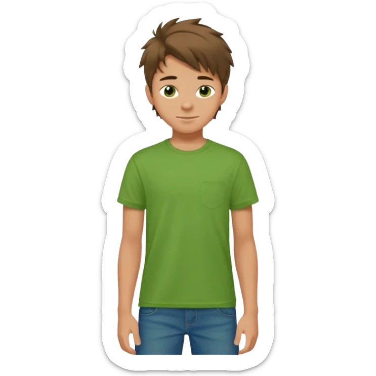 A 14 yerar old teenage boy, slightly tanned, wearing a green tshirt, blue jeans and green sneakers with brown tousled hair, smirking sticker