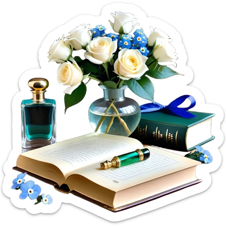 A tender and romantic arrangement of a vintage glass perfume bottle with a golden cap, placed next to a silk-bound book of poetry, with white roses and blue forget-me-nots artfully scattered around.
 sticker