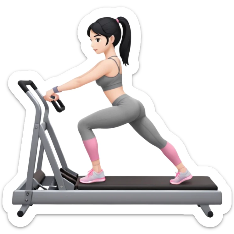 Create a Pilates emoji: a girl with fair skin and black hair, wearing a grey bra and grey leggings with pink pilates socks, exercising on a pilates reformer and not looking at the camera sticker