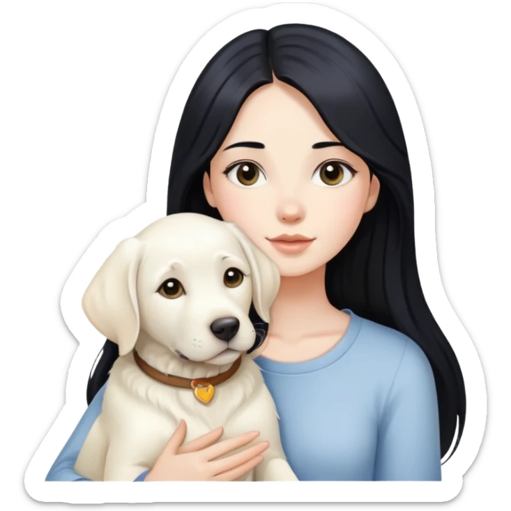 A beautiful girl with long black hair and fair skin is holding a white Labrador sticker