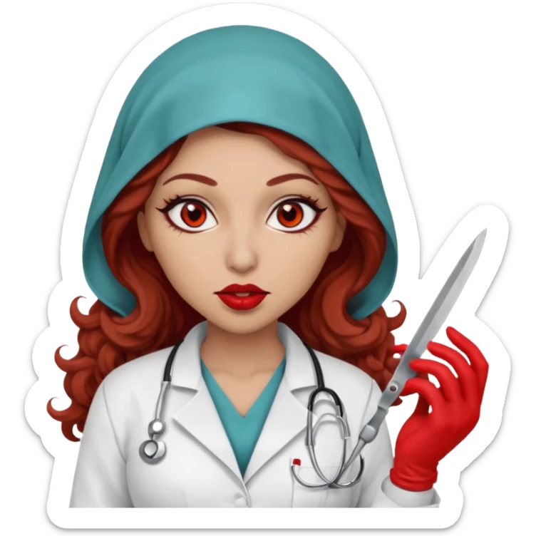 Scary woman scalpel in hand, evil surgeon sexy surgeon clothes.  She has red eyes. Her  brown long curly hair. Wears sexy doctor outfit with red gloves. make her hair free and brown but she  wear mouth cover   to hide. Wears white surgeon jacket and hijab cover lips  sticker