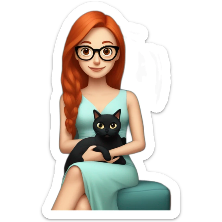 woman with long straight red hair and black-rimmed glasses, in a dress, sitting in an armchair, with a black cat on her lap sticker