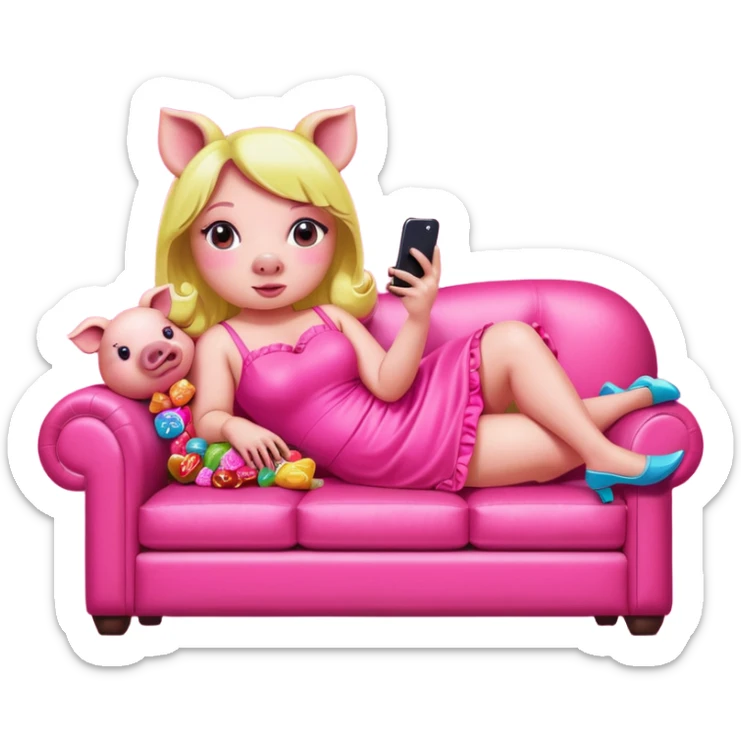 lady pig in neon pink kawaii dress reclining on couch scrolling on an iphone and eating candy pop art portrait sticker