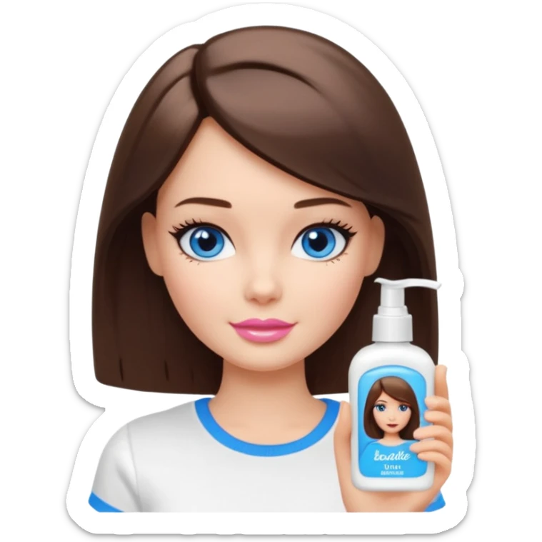 Barbie girl with makeup, blue eyes , and bob long haircut, short brown hair in white T-shirt, face Wash Cream sticker
