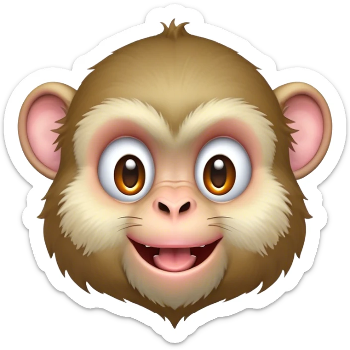 Cinematic Adorably Mischievous Macaque Portrait Emoji, Head tilted in a playful wink with an exaggerated, cheeky grin and a slightly raised eyebrow, featuring a compact, nimble build with fluffy fur and round, twinkling eyes brimming with mischief, Simplified yet irresistibly endearing features, highly detailed, glowing with a bright, joyful radiance, high shine, lively and quirky, stylized with an air of whimsical primate fun, soft glowing outline, capturing the essence of a mischievous macaque that seems ready to pull a playful face and scamper into your heart! sticker