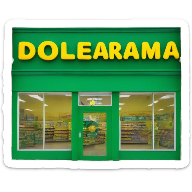 “Exterior of a Dollarama store with the bright green facade, bold yellow Dollarama sign, large front windows, and entrance doors, capturing the look of a budget-friendly retail store.” sticker