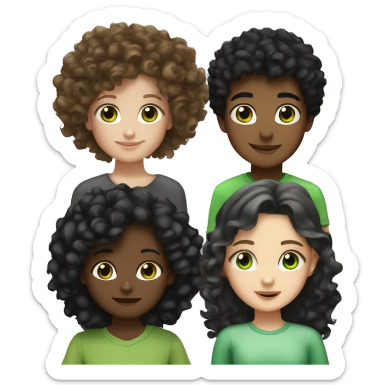 pretty white girl with curly black hair and brown eyes, a 6-year-old boy with black hair and green eyes, and a 13-year-old girl with curly blonde hair and brown eyes sticker