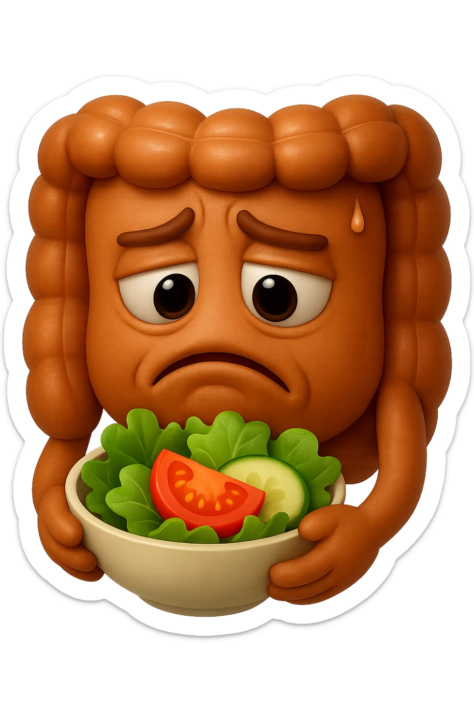 EMOJI STILE IPHONE DI UN INTESTINO UMANO ANATOMICO CHE GUARDA UN INSALATA CON ESPRESSIONE TRISTE E RASSEGNATA IN VOLTO: SOFFRE LA FAME PERCHé è A DIETA, FAGLI ANCHE LA PARTE BIANCA DEGLI OCCHI, NON SOLO LE PUPILLE, IPERREALISTICO 4K sticker