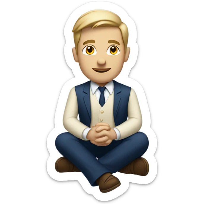 man meditating sitting down with cream dress shirt and navy blue pants . no tie sticker