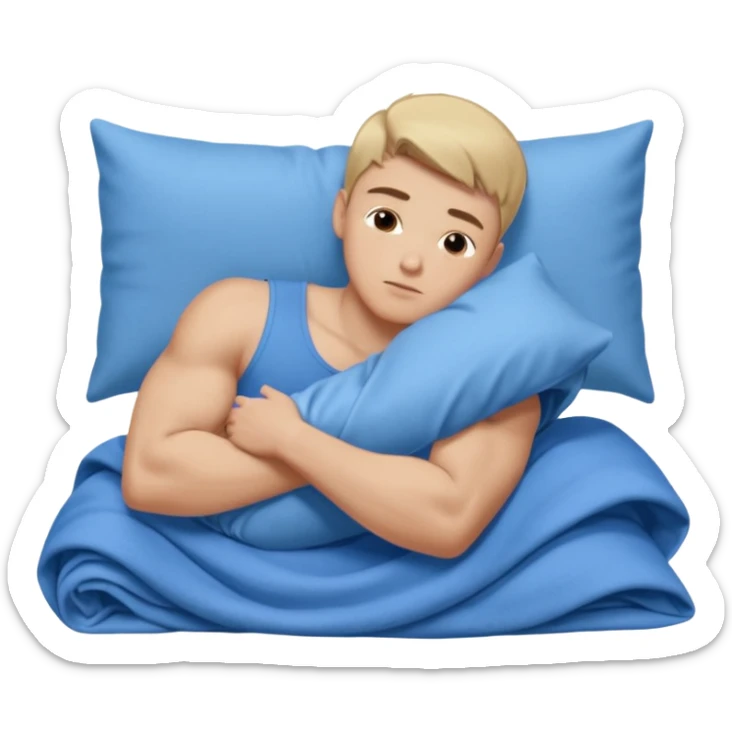 A young muscular male with short dark-blonde hair, medium-light skin, and a neutral expression, dressed in blue cloth. He lies on his side, arms around a soft white pillow, with his head on a smooth blue pillow. A flowing blue blanket covers him in silky folds. sticker
