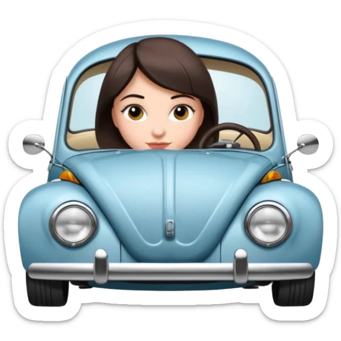 Pretty, sexy, slightly curvy white woman with short dark brown hair, driving a VW beetle sticker