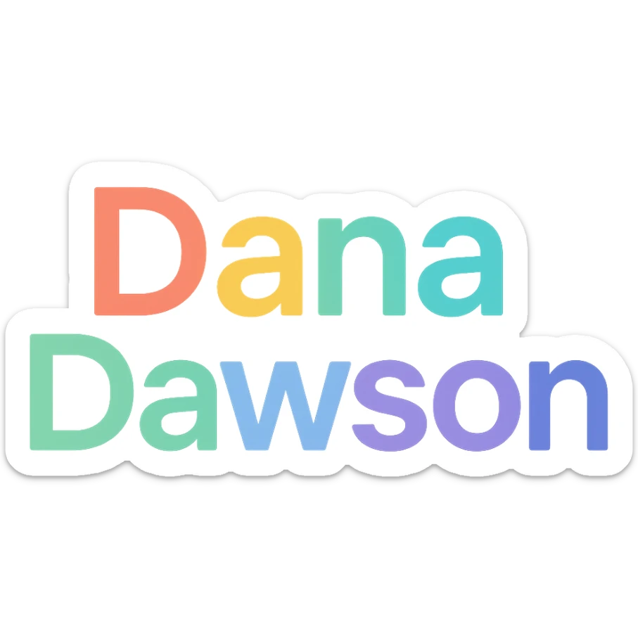 'Dana Dawson' name as a modern, colorful icon-style wordmark sticker
