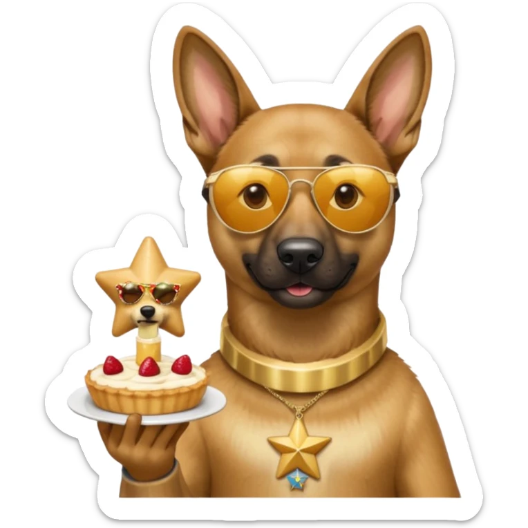 malinois dog wearing star sunglasses, holding a flan dessert with a SaintéLyon medal around the flan's neck, emoji style sticker