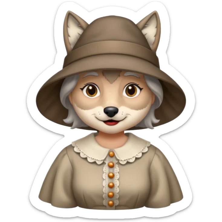 The big bad wolf is wearing Grandma's clothes and a hat, yet its face still looks like a wolf's. sticker