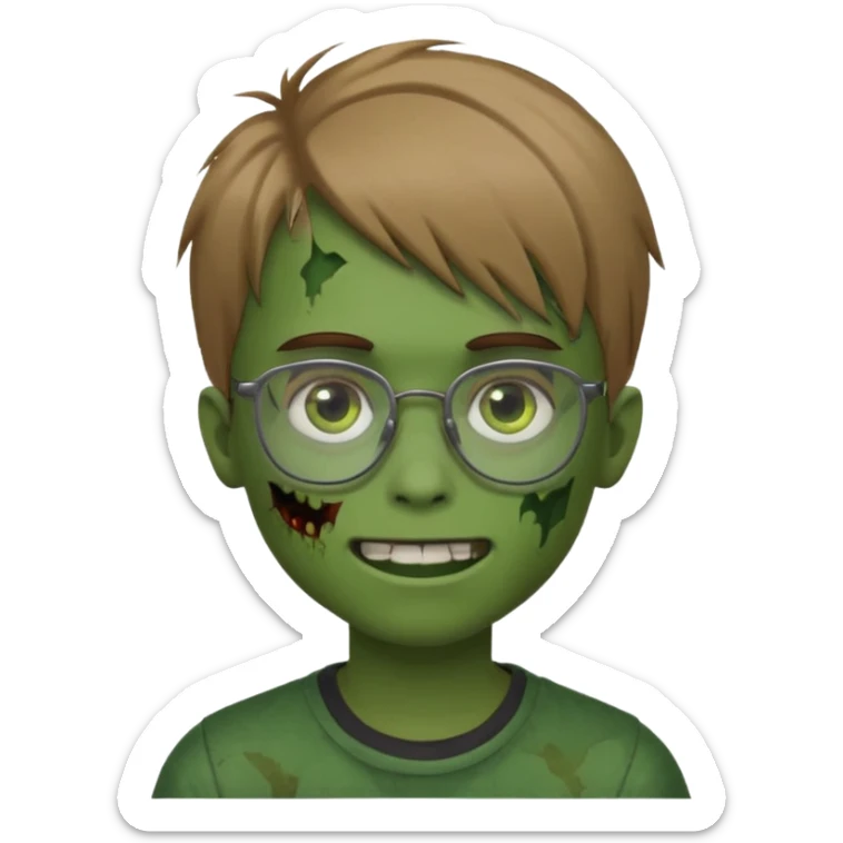 boy zombie with light brown emo hair and green skin and glasses and corner smile sticker