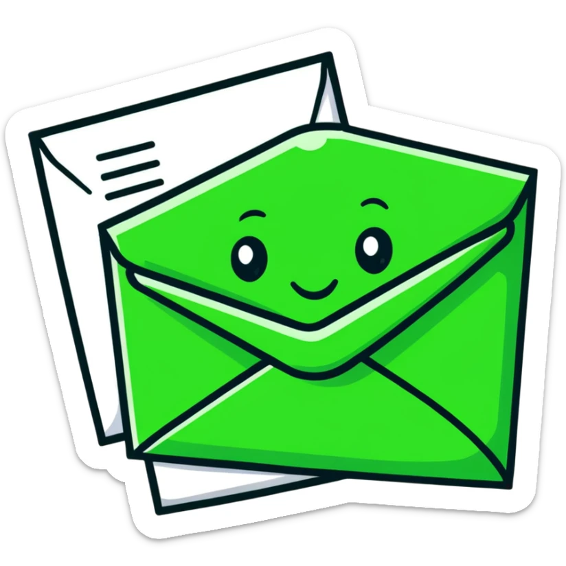 Minimalist Maya-inspired emoji showing happy face receiving a letter, white and deep green only, flat design, clean lines sticker