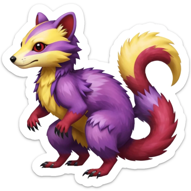 Purple, red, yellow Trico-Sergal-Furret-Ferret-Wolverine-Vernid-fusion-Fakemon-animal-hybrid-creature, full body sticker