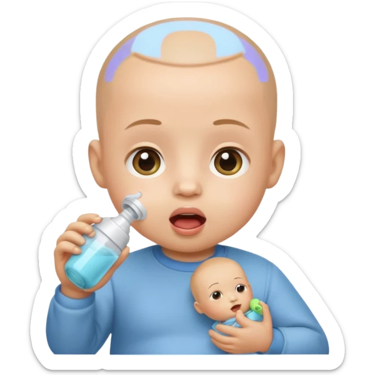 baby emoji with a clean-shaved head and a feeder (baby bottle) in its mouth sticker