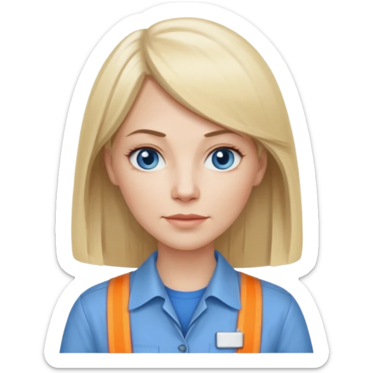 40 yr old white woman, pale skin, long straight blond hair parted in center, blue eyes, bangs, clothes for work sticker