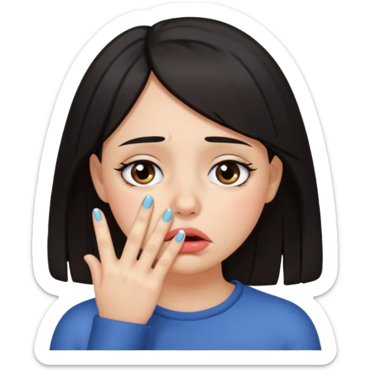 Dark haired girl with fingers in mouth and tears in eyes sticker