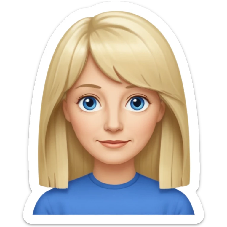 50 yr old white woman, curtain bangs, very long straight blond hair, oval face, small smile, blue eyes, thin face, hair down to elbows sticker