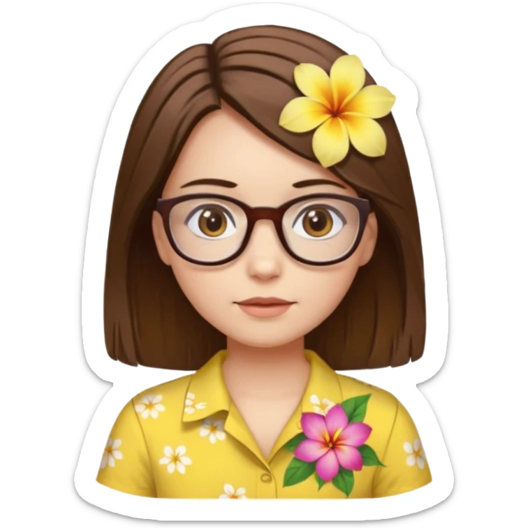 female with white skin. Shoulder length straight brown hair. Brown eyes with glasses. Hawaiian Flower in hair. Female wearing baby yellow shirt. sticker