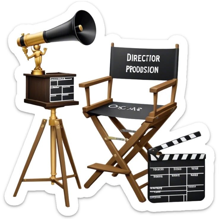 Icon for Directing: professional collage with director's chair, a film slate, a megaphone, a stack of script papers and an Oscar statuette. The icon should represent the creative and leadership aspects of directing, with focus on film and theater production. Transparent background. sticker