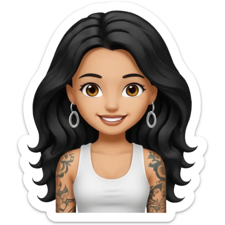 a pretty tan bratz girl with long wavy black hair, wearing a white tank top. with full tattoos sticker