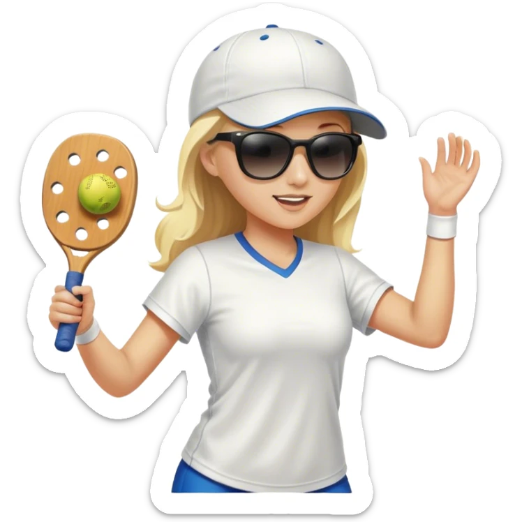 Girl with blond hair  wearing a white baseball cap and sunglasses playing pickleball sticker
