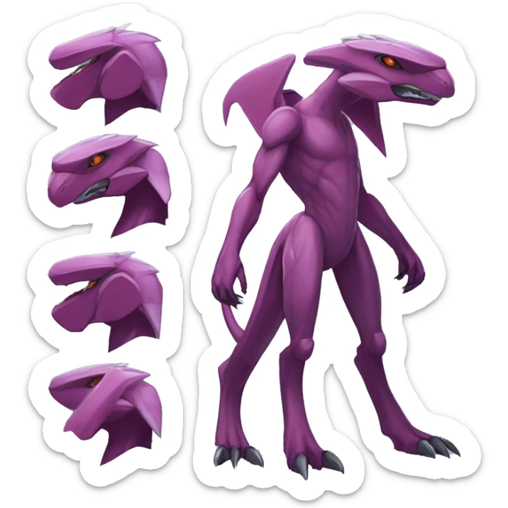 Mauve-maroon-red-violet-colored anthro-genesect-raptor-scalie-sona-Fakémon-hybrid with a mane on head and back full body sticker