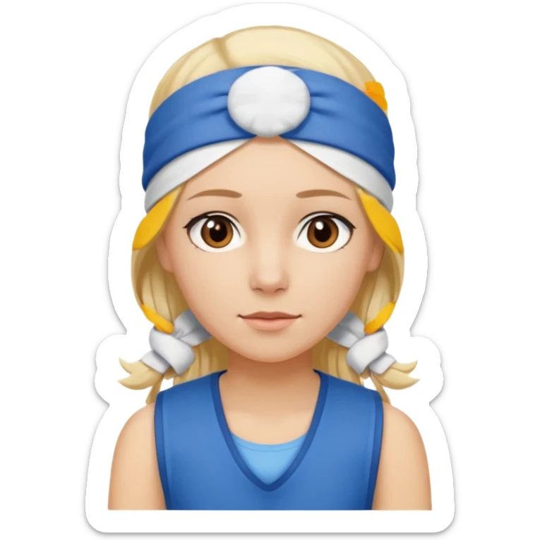 A 3D avatar of a blonde woman, who has brown eyes, is wearing a blue vest and a white headband on her head. She is looking straight at the camera. sticker