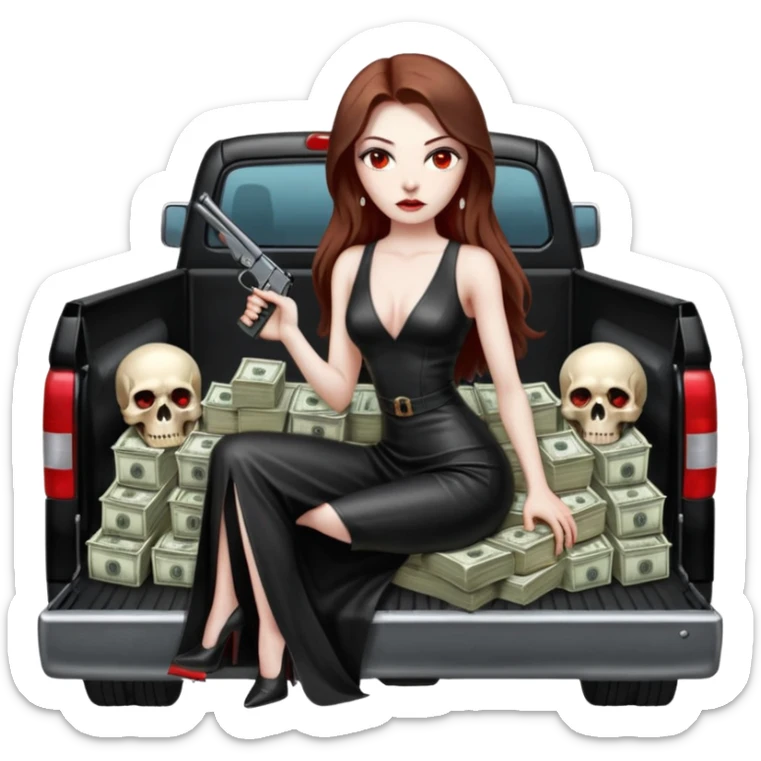 Lilith symbol red eye seductress evil long brown haired sexy succubus woman with leather long dress with slit on, sitting in Big Large F350 pickup truck. Back seat full of stacks of cash, she is  Holding a human skull of her enemies and a gun in other hand sticker