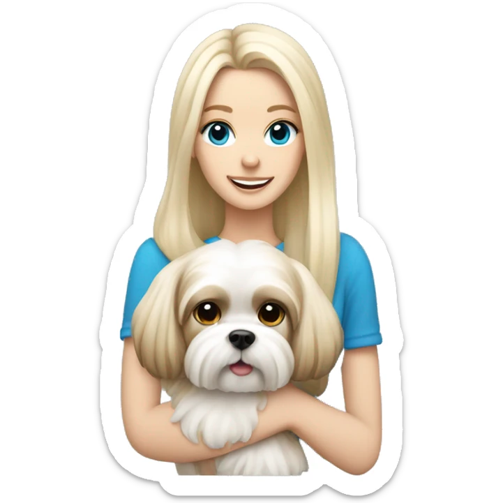 White blond girl with long hair and blue eyes holdin a shih tzu dog sticker