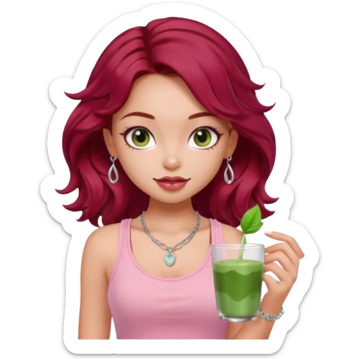 a pretty fair bratz girl with wavy dark red hair, wearing a pink tank top . silver dainty layered necklaces, carrying a matcha sticker