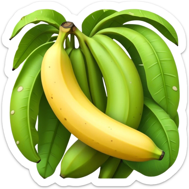Cinematic Realistic Banana Emoji, Bright and cheerful, with a smooth, yellow peel slightly speckled with spots, revealing a soft, sweet interior. The banana is curved elegantly, standing out against the soft green leaves. Soft glowing outline, capturing the essence of tropical sweetness and energy in a ripe banana. sticker